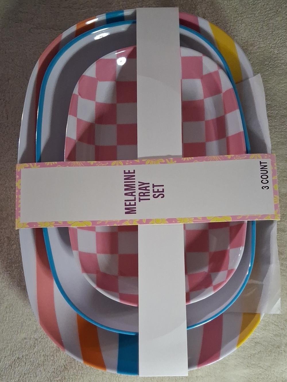 3 Melamine Tray Set - Pink Check & Multicolor Stripe NWT!!